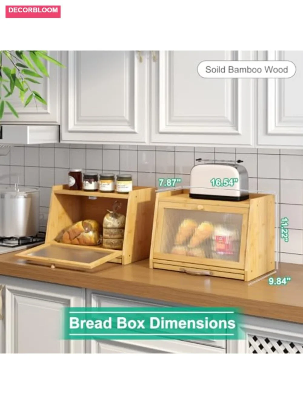 Bamboo Bread Box with Wavy Acrylic Door and Cutting Board, Large Kitchen